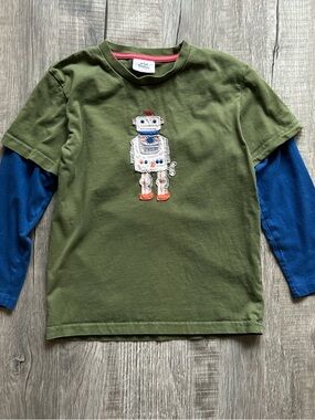 Mini Boden Green Tee with Blue Layered Sleeves and Robot Patch
